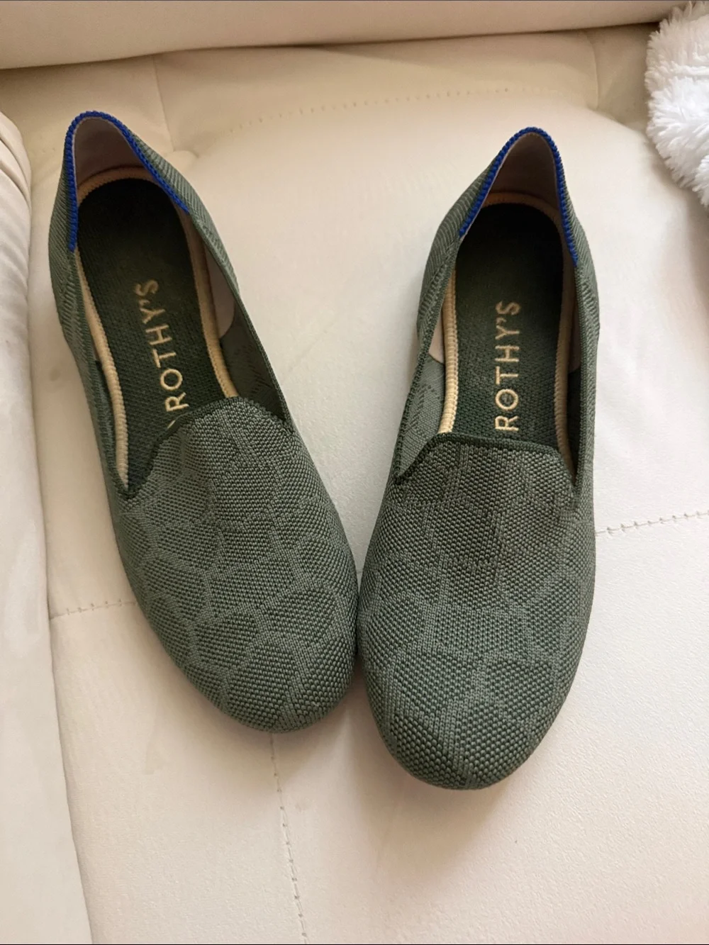 Rothy's Olive Green Knit Slip-On Flats with Blue Trim